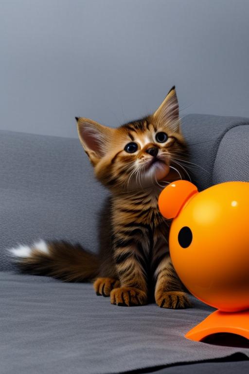 Orange male cat playing with a kicker toy on a gray blanket